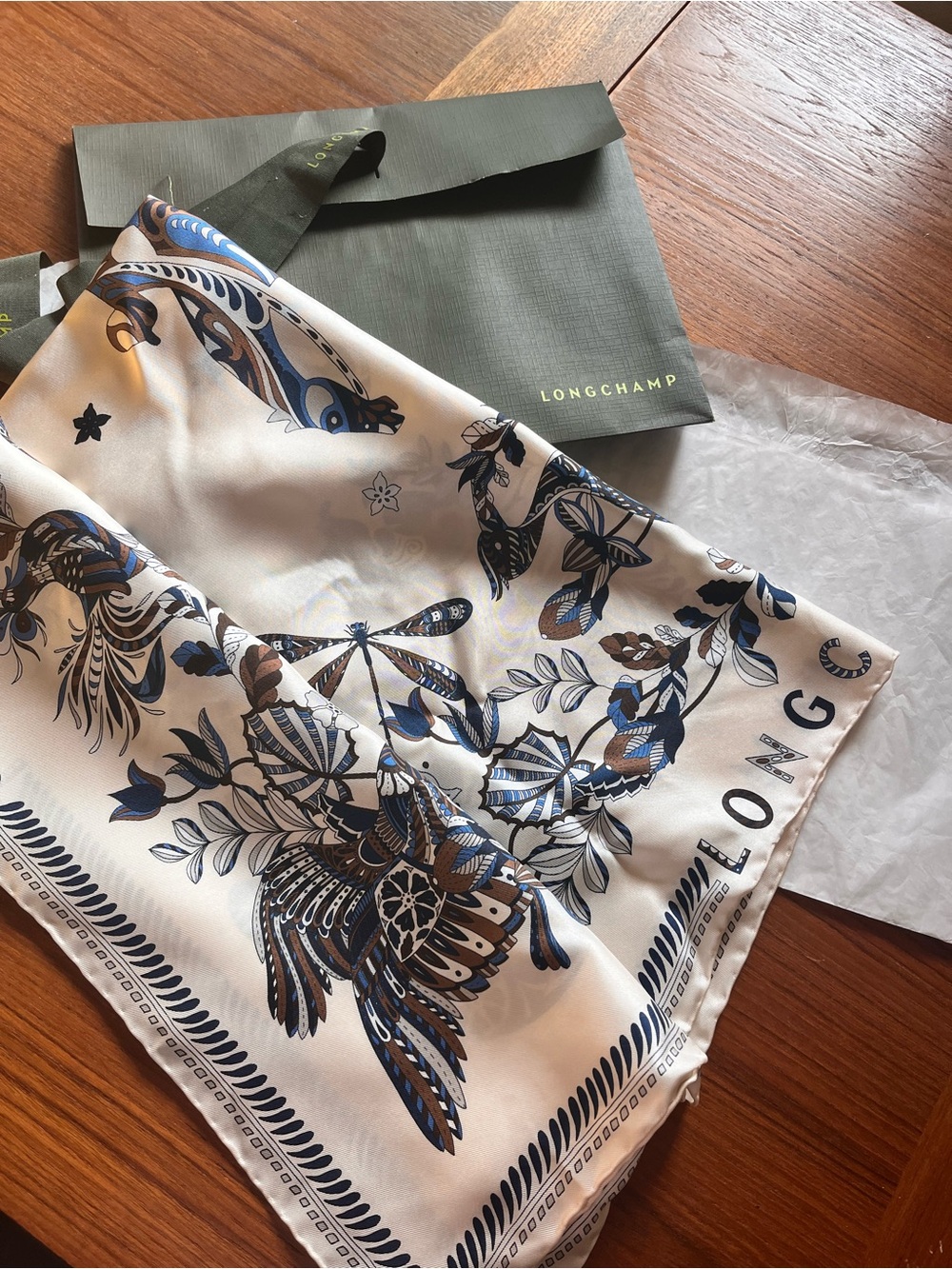 Longchamp Cream Scarf with Blue and Brown Floral Motif